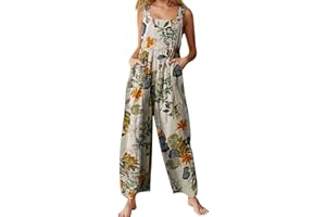 Himosyber Women's Patchwork Dual Pocket Jumpsuit Loose Floral Print Bohemian Wide Leg Bib Overall