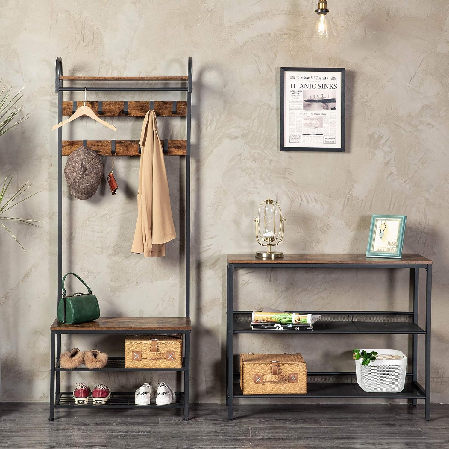 HOOBRO Coat Rack Shoe Bench, Industrial Hall Tree with Storage Shelf, Entryway Storage Organizer, 4 in 1 Design, Accent Furniture with Metal Frame, Easy Assembly, Rustic Brown BF13MT01: Home Improvement