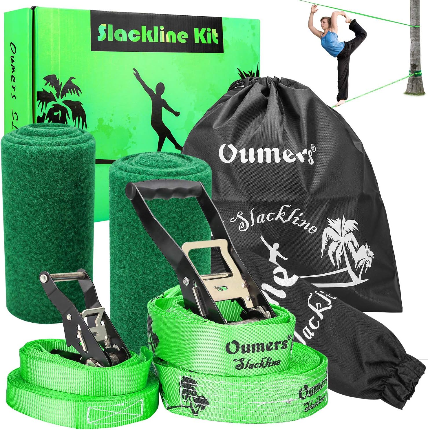 Beginner Slackline Kit, Oumers Complete Slack Line Gift Set with 50ft Main Blance line Training