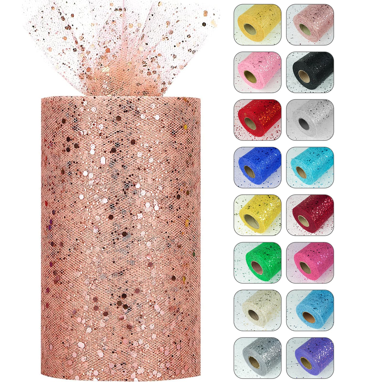 Glitter Tulle Rolls, 6” by 50 Yards (150FT) Sparkling Tulle Spool Ribbon Sequin Tulle Netting Fabric for Tutu Skirt Wedding Birthday Baby Shower (Rose Gold)
