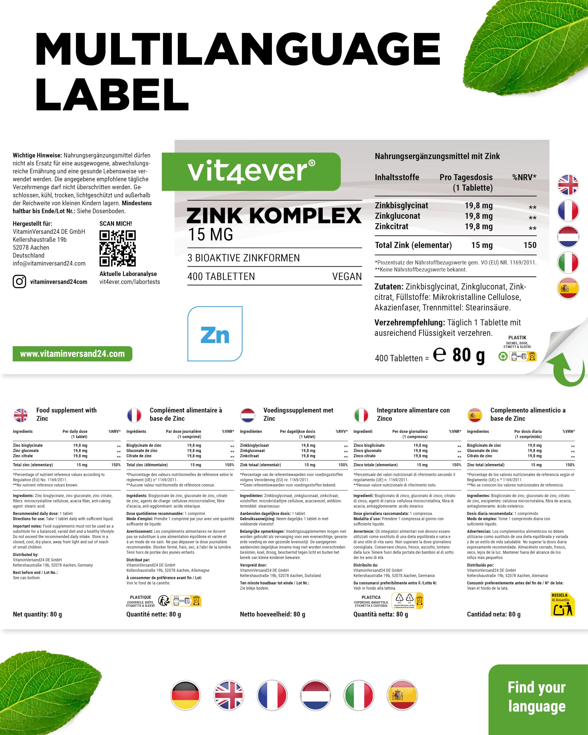vit4ever Zink Komplex 15 mg - 400 Tabletten - 3 Zink-Formen 6