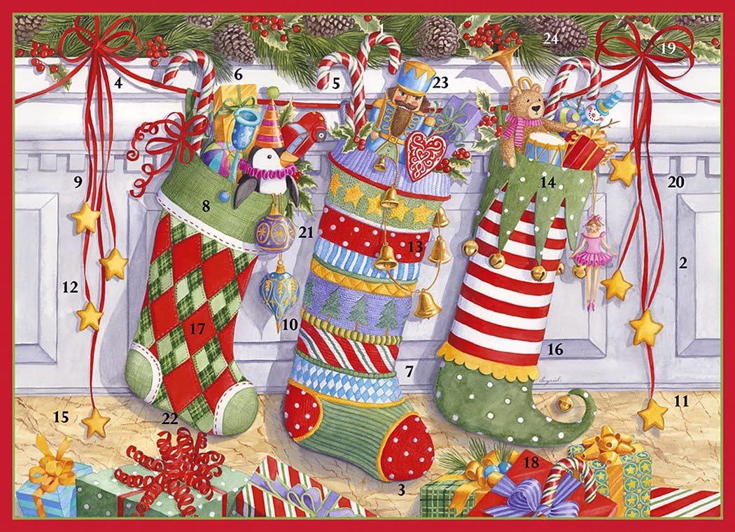 Caspari Advent Card Stockings on the Mantle by Ingrid Slyder with White Envelope, Multi-colour