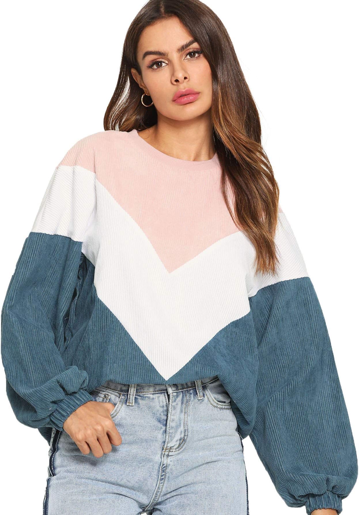 Women's Loose Colorblock Sweatshirt Lantern Sleeve Round Neck Pullover Tops