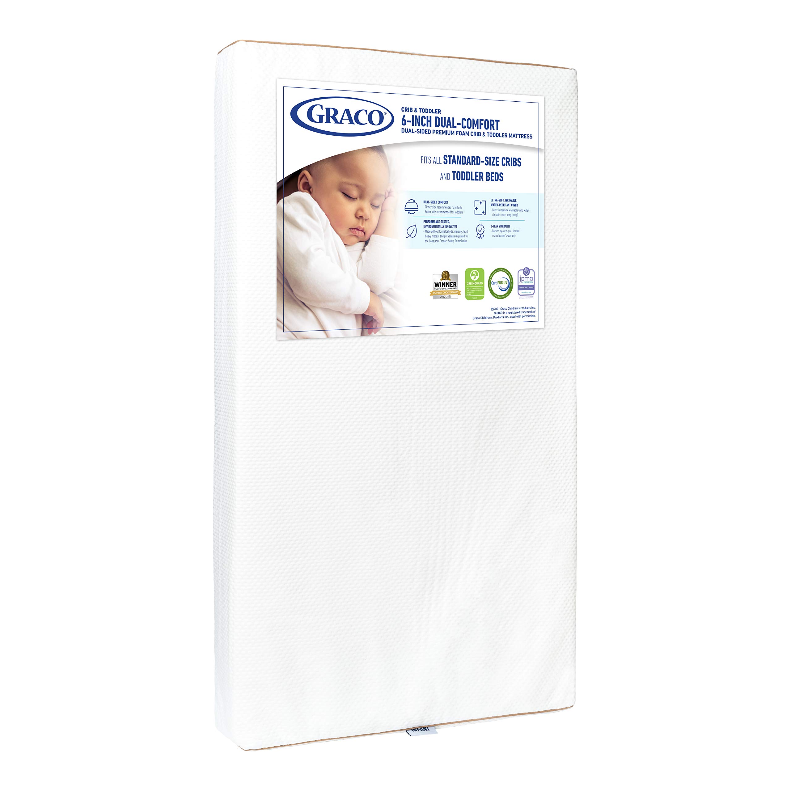 Graco 6-Inch Dual-Comfort Crib & Toddler Mattress - GREENGUARD Gold, CertiPUR-US Certified Foam, Machine Washable Cover with 100% Waterproof Surface, Fits Standard Full Size Baby Crib and Toddler Bed