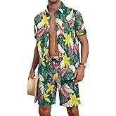 YTD Mens Flower Hawaiian 2 Piece Outfit Sets Short Sleeve Beach Casual Button Down Shirt and Shorts Suits