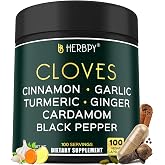 Herbpy 7in1 Clove Supplement 500mg, Support Digestion, Immune, Heart Health | Rich in Vitamins &amp; Minerals, with Ceylon Cinnamon, Turmeric, Ginger, Cardamom, Garlic &amp; Pepper, 100 Vegan Capsules