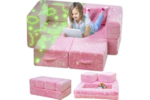 furlinkhm Toddler Couch, Glow in The Dark Kids Play Couch Toddler Fold Out Couch, Kids Fold Out Couch for playroom, Convertible Baby Fold Out Play Foam and Floor Cushion for Bedroom, Pink+Clouds