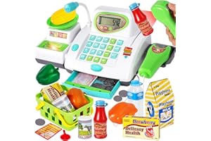 HERSITY Kids Toy Cash Register with Scanner and Microphone, Pretend Play Money Electronic Calculator Realistic Children's Supermarket Cashier Games for 3 4 5 Years Old Toddlers Boys Girls