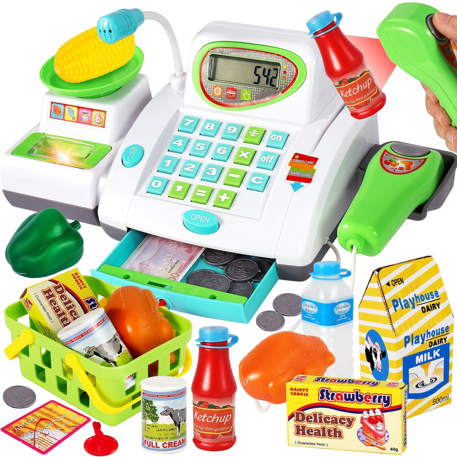 HERSITY Childs Big Toy Till Cash Register with Scanner, Kids Shopping Till Play Money Cashier Toys Supermarket Checkout Pretend Play Grocery Games for Toddler Boys Girls 3 4 5 Year Old