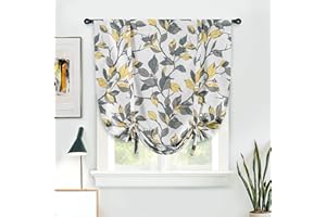 DriftAway Tie Up Curtains for Windows Ryan Sketch Floral Branch Leaves Blackout Lined Tie Up Adjustable Balloon Rod Pocket Curtain for Small Window 39 Inch by 55 Inch Yellow Gray