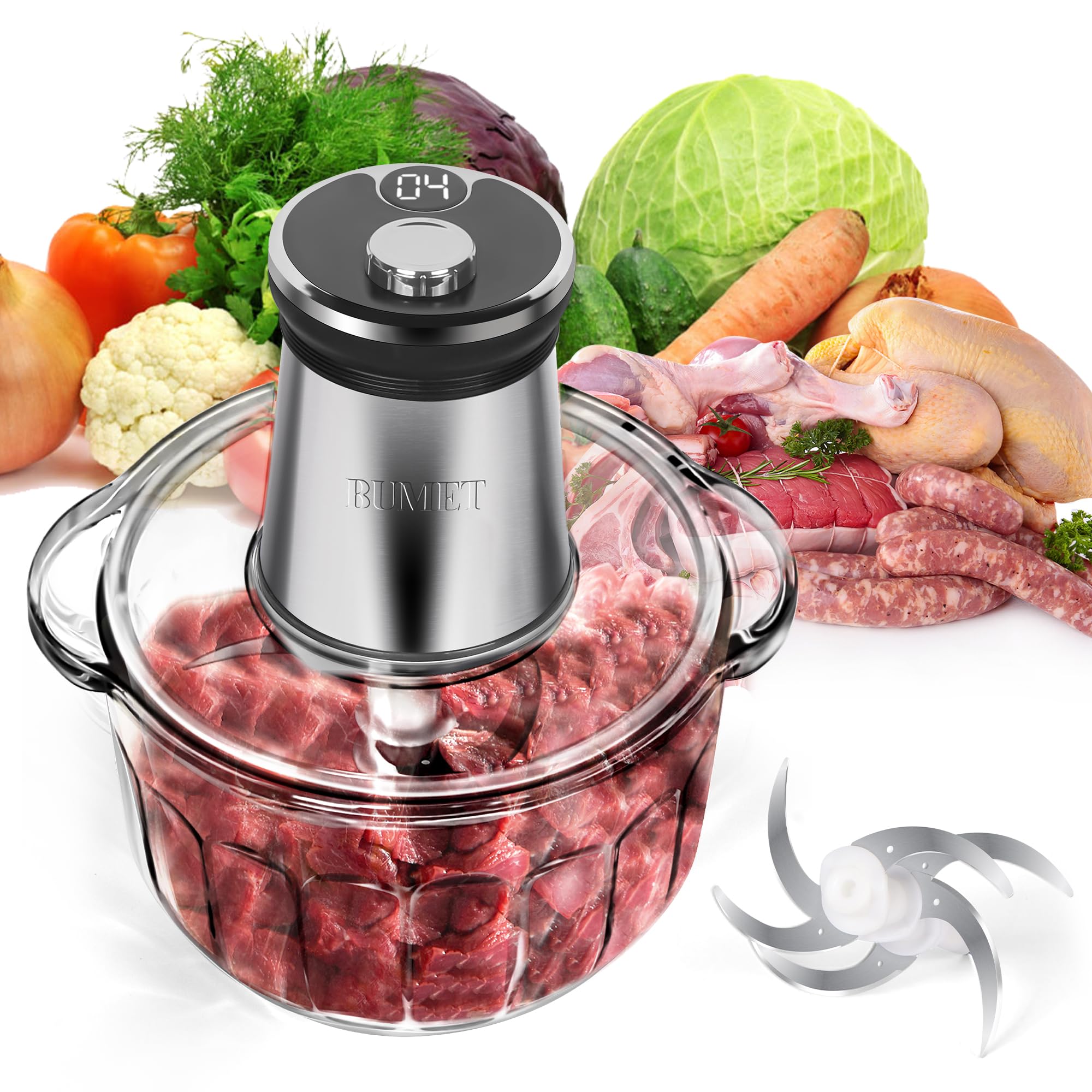 Photo 1 of BUMET Electric Meat Grinder 850W Food Chopper Food processor with LED timer one 16cup thick glass bowl, 2 sets three-layers 6 blades cutter