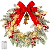 Chonsun Christmas Wreath with Light for Front Door Artificial Pine Wreath | Christmas Wreath with Red Bow, Vintage Bronze Bells and Red Berries, Indoor Outdoor Window Fireplace Christmas Holiday Decor