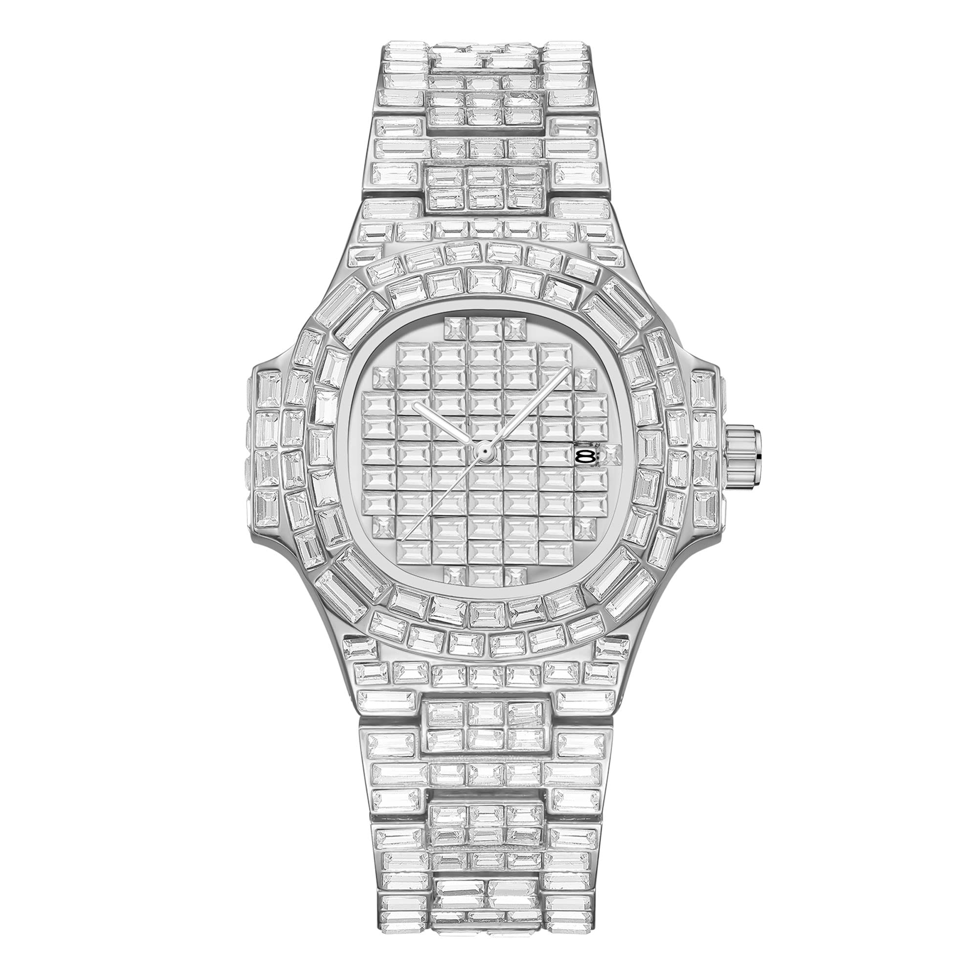 DROCUAMGOYA Top Bling Luxury Men Diamond Watch Full Iced Out Baguette Quartz Analog Date Wrist Watch Stainless Steel Waterproof Watches Hip Hop Rapper (Silver)