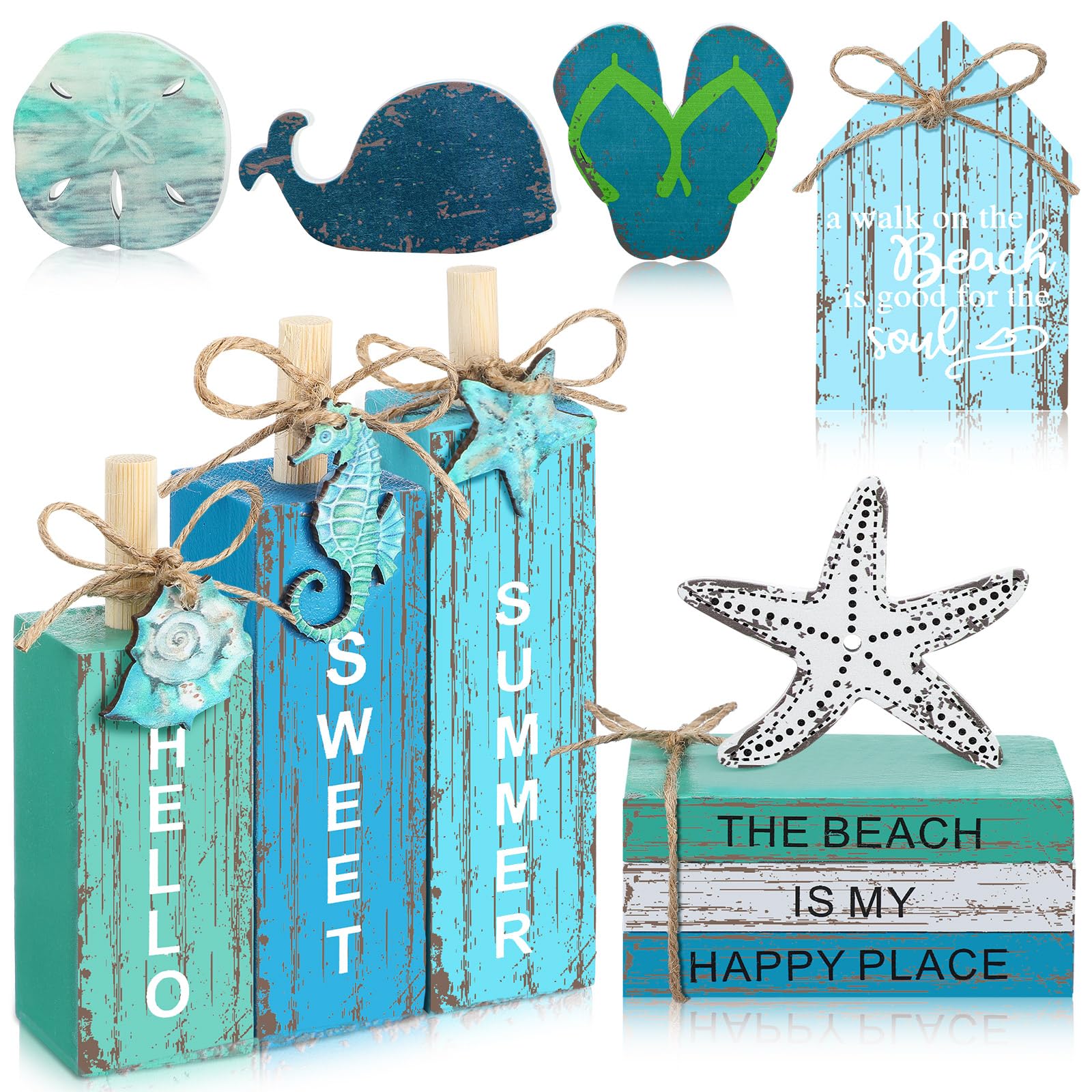 Photo 1 of Vercraft 11 Pcs Summer Beach Table Decorations Ocean Tiered Tray Decor Summer Centerpiece Decorative Wood Books Table Top Decor Starfish Wooden Sign for Home Party Supplies (Ocean)