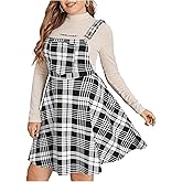OYOANGLE Women's Plus Size Overall Dress Casual A-line Pinafore Swing Adjustable Straps Short Dress