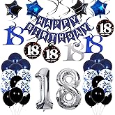 HULASO 18th Birthday Decorations for Boys and Girls Dark Blue, HAPPY BIRTHDAY Banner Silver Number 18 Balloons, Deep Blue Theme Party for Him - 18 Years Old Birthday Party Supplies Kit for Her