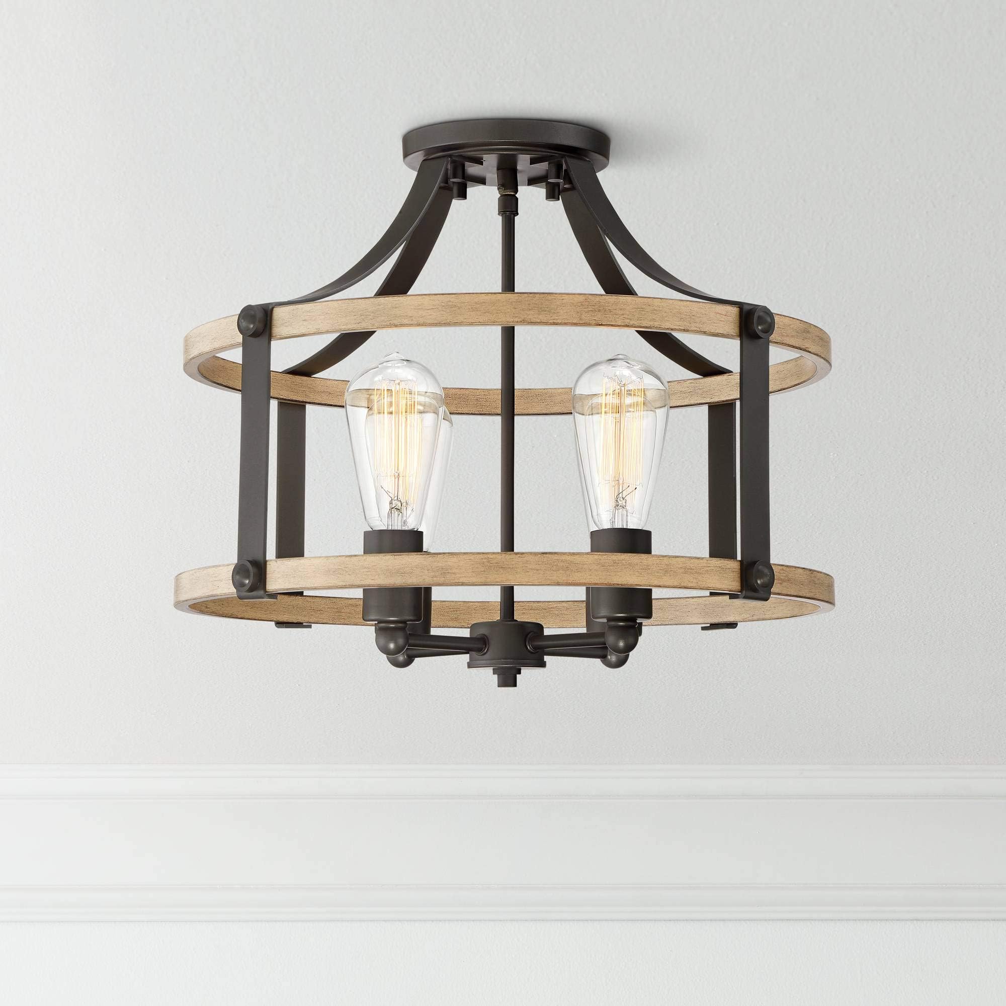 Franklin Iron Works Buford Farmhouse Rustic Industrial Close to Ceiling Light Semi Flush Mount Fixture 18" Wide 4-Light Black Cage for Bedroom Hallway Living Room Dining Room Bathroom Kitchen