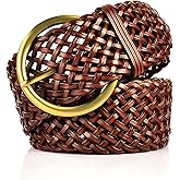 ANNULOYA 2 Inch Wide Leather Braided Belts for Women Hand Made Soft Woven Waistbands with Round Golden Pin Buckle