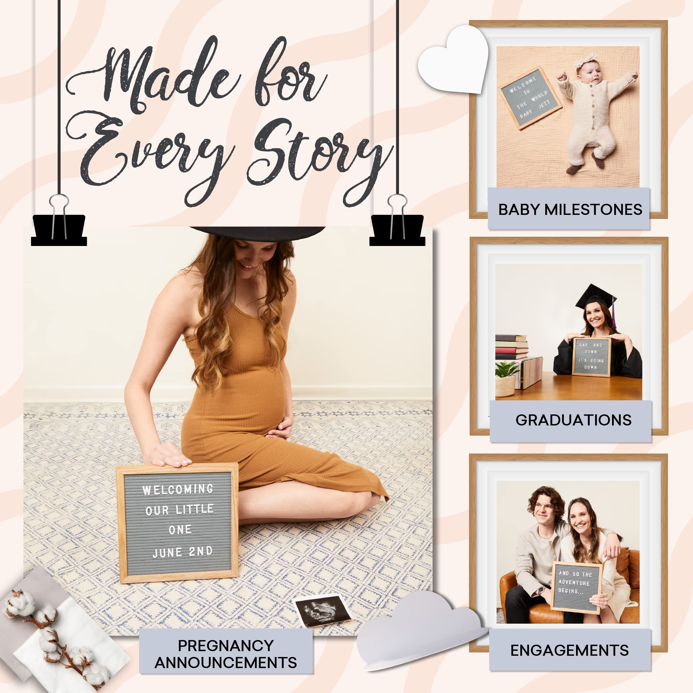 Felt Letter Board, 10x10in Changeable Letter Board with Letters White 300 Piece - Felt Message Board, Oak Frame Wooden Letter Board for Baby Announcements, Milestones, Office Decor & More (Gray)