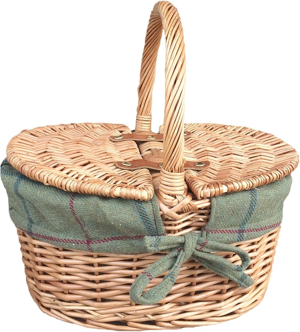 Red Hamper Child's Light Steamed Oval Picnic Basket Green Tweed Lining