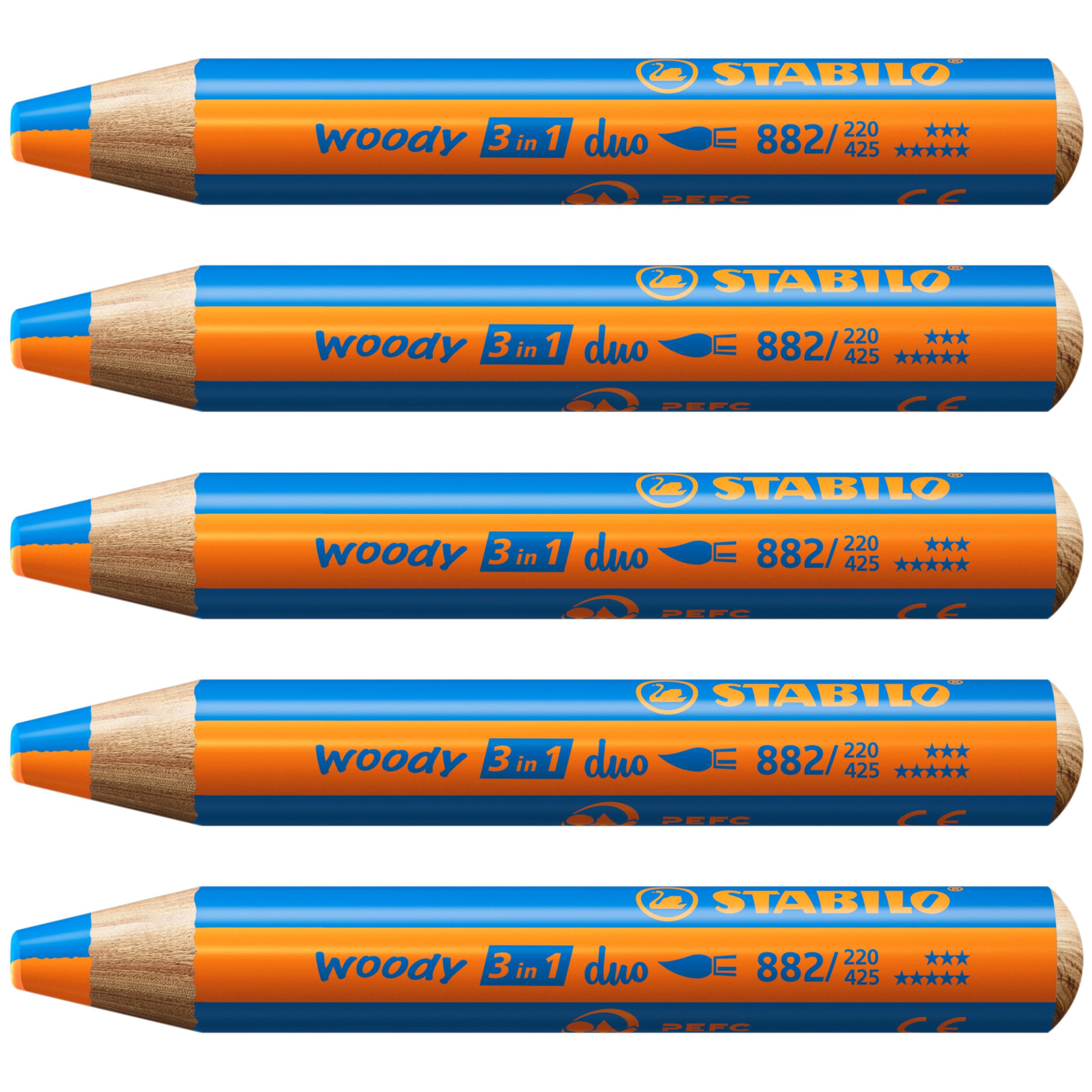 STABILO woody 3-in-1 duo - Multi-Talented Pencil - Pack of 5 - Orange/Blue