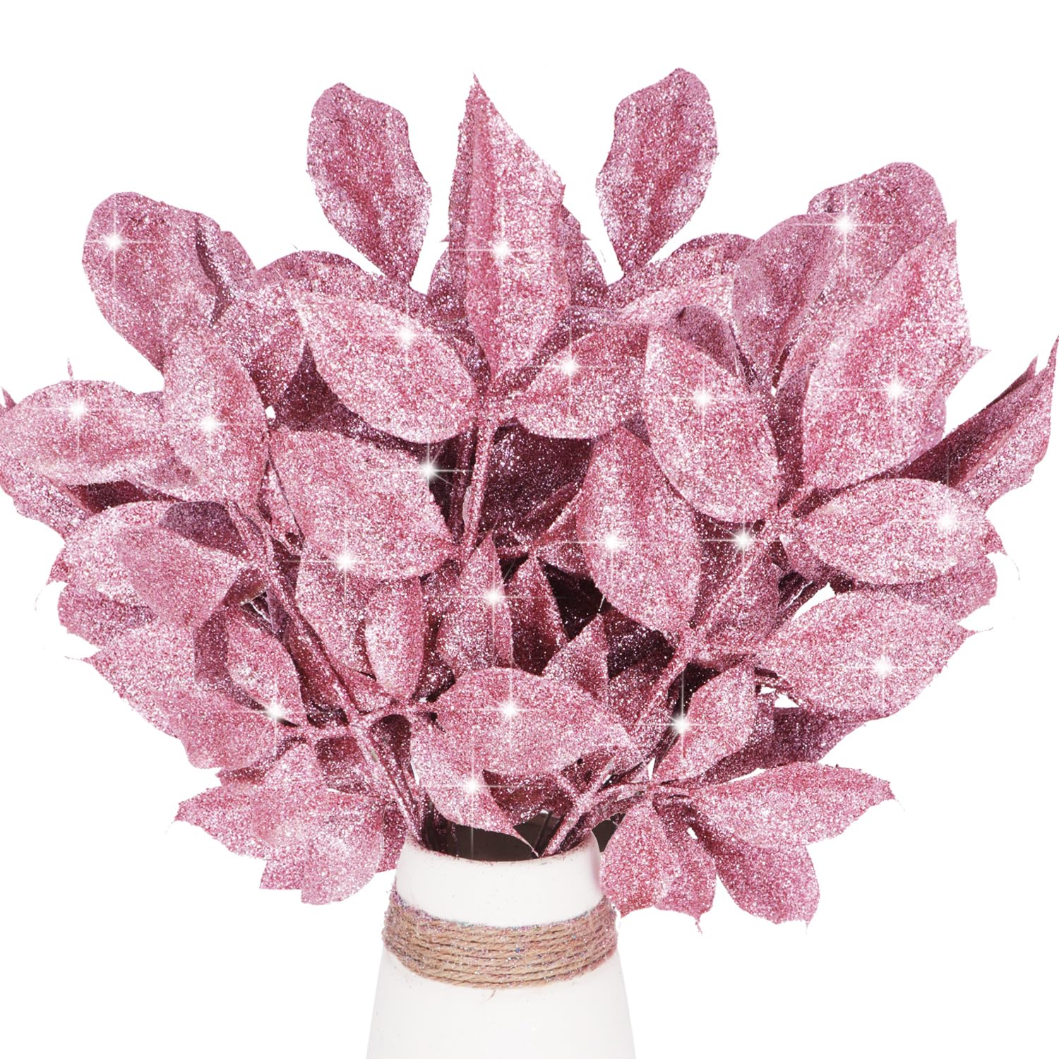 12 Pcs Artificial Christmas Leaves, Shiny Foliage Sparkling Tree Picks - Glitter Stem Picks for Xmas Tree Wreath Garland Craft Decor (Pink)