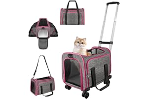 XEOCA Pet Carrier with Wheels Up to 33 lbs Airline Approved Cat Carrier Rolling Pet Carrier w/Removable Wheels & Expandable Side Washable Plush Mat Pet Travel Carrier with Telescopic Handle & Shoulder Strap