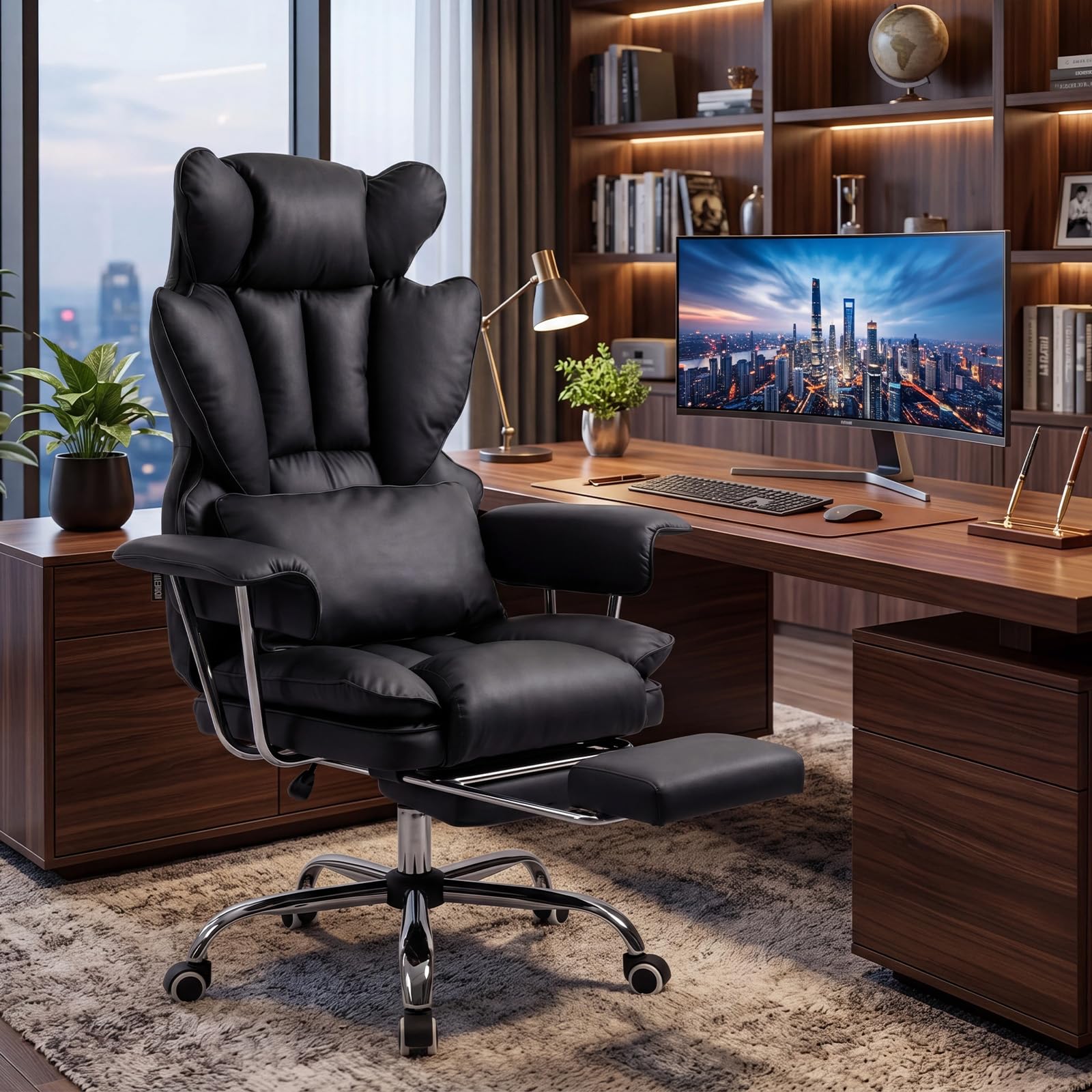 Ergonomischer Chefsessel Bürostuhl Gaming Stuhl Hochlehner mit Fußstütze &verstellb. Lendenstütze, 200 kg belastbar, Extra breiter Sitz,90°–135° Rückenlehne, Polsterung, Modern Büro/Homeoffice,Schwarz 7