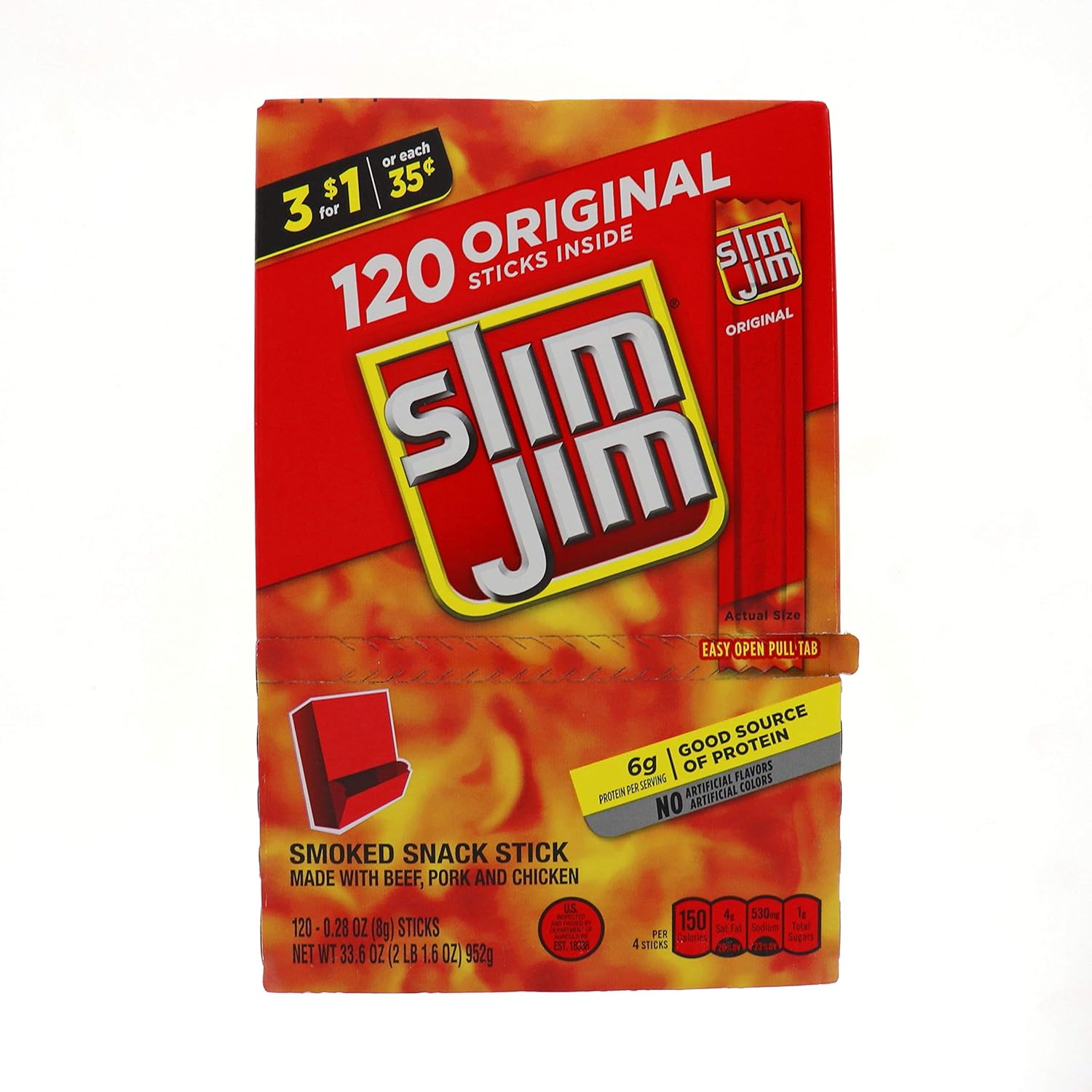 Slim Jim Original Snack Stick 3/$1.00, 120 Count (JERKYS)