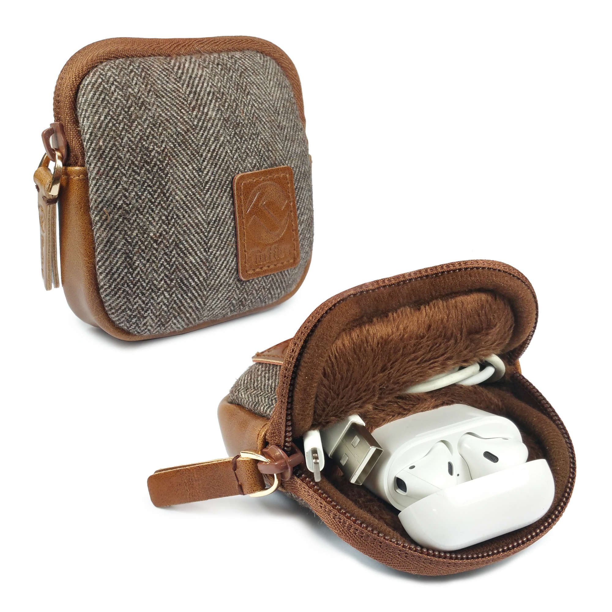 Herringbone Tweed Travel Bag for Apple Airpods