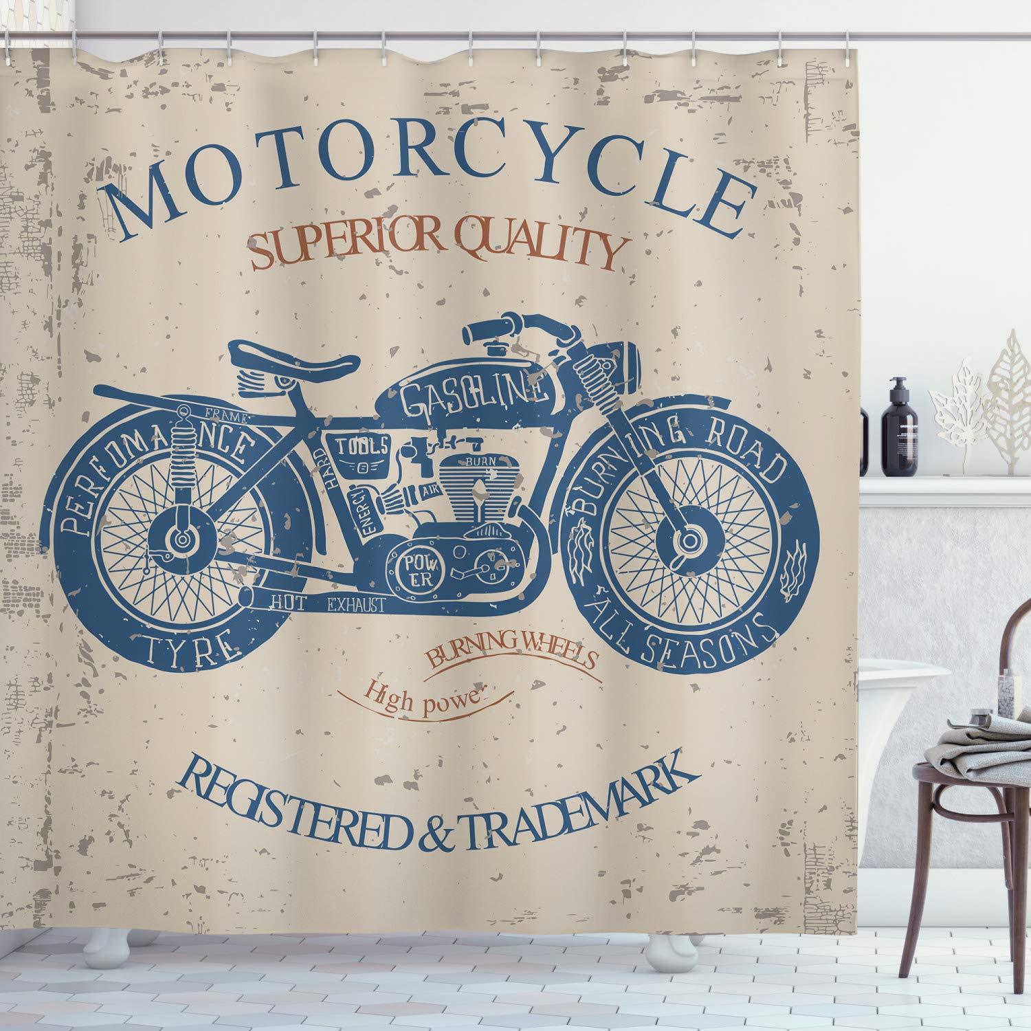 ABAKUHAUS Vintage Shower Curtain, Retro Style Bike Grunge Background Classic Wheels Chopper Rider Illustration, Cloth Fabric Bathroom Decor Set with Hooks, 175 x 200 cm, Blue-Grey Tan