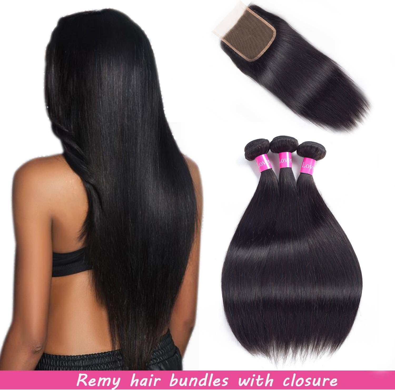 Malaysian Hair 3 Bundles With Closure Straight Remy Hair With Closure Human Hair Extensions Natural Black Double weft by Lovenea(22 24 26+18)