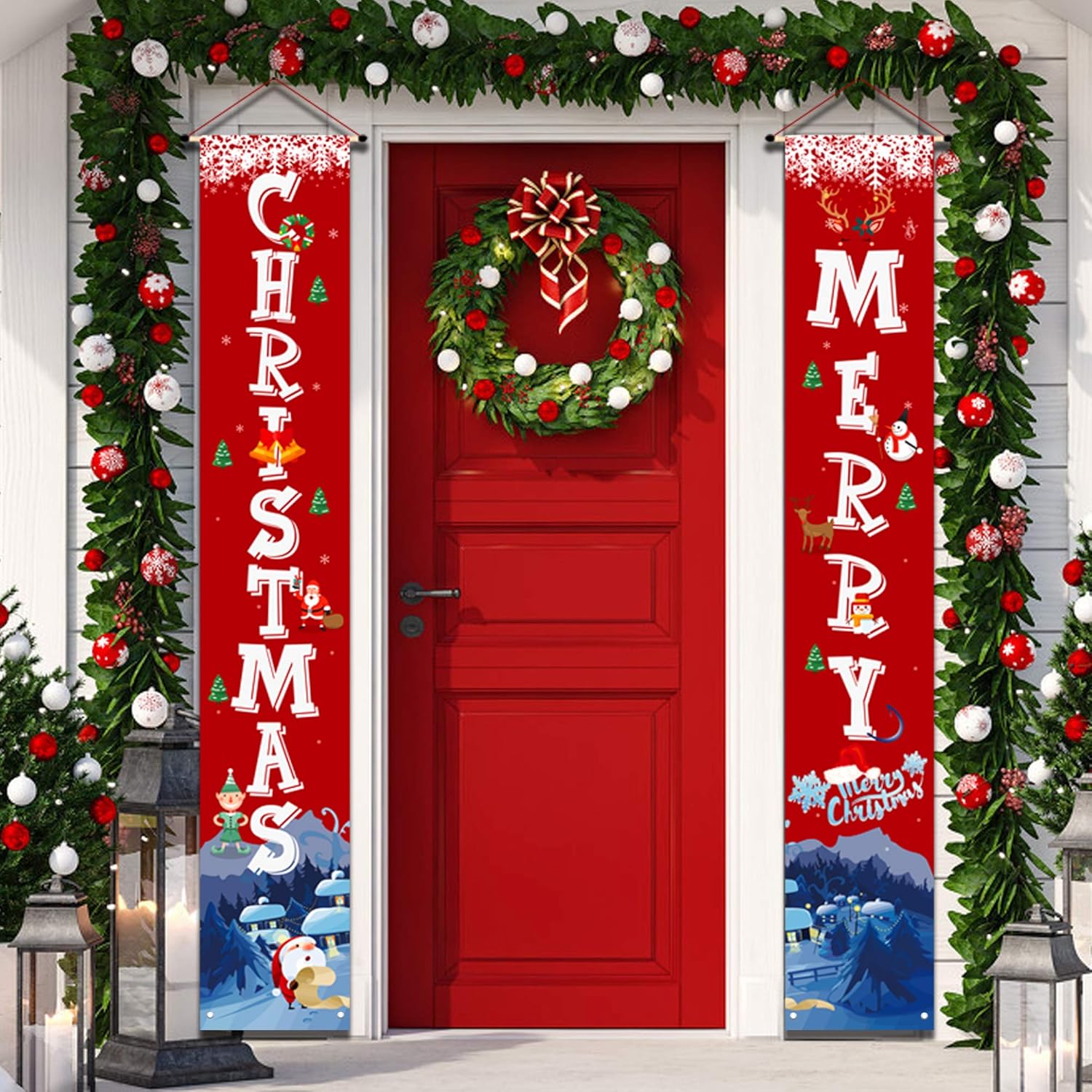 YUFOL Christmas Decorations for Home Merry Christmas Banner,Hanging Christmas Door Decorations Decor Porch Sign for Front Door Welcome Christmas Banners Xmas Decor Flags-Large Size 12”×71” (Red)