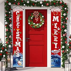 YUFOL Christmas Decorations for Home Merry Christmas Banner,Hanging Christmas Door Decorations Decor Porch Sign for Front Door Welcome Christmas Banners Xmas Decor Flags-Large Size 12”×71” (Red)