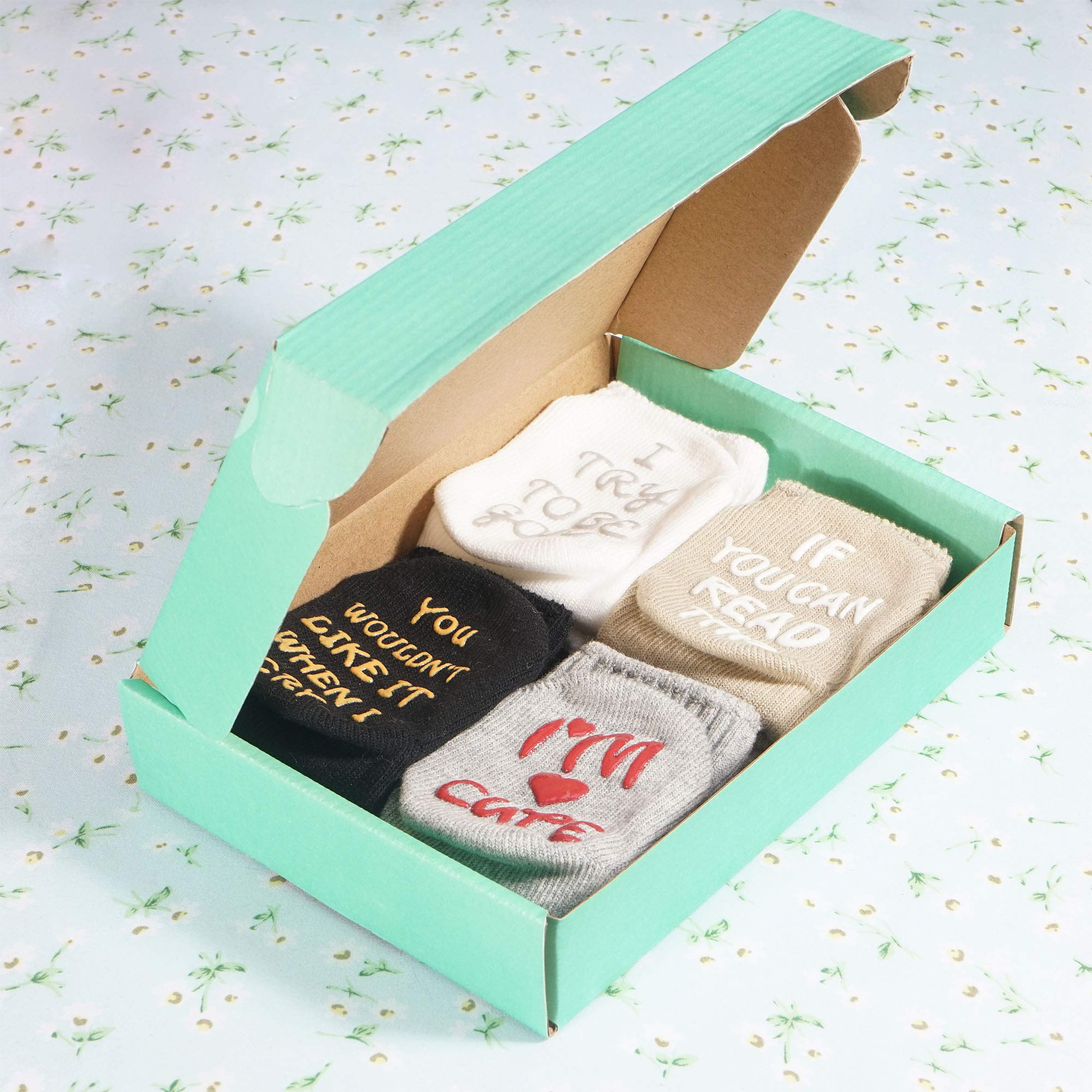 CozyWay Baby Socks Unique Baby Shower Gifts Newborn Present 4 Pairs Anti-skid Quote Funny Socks 0-12 Months