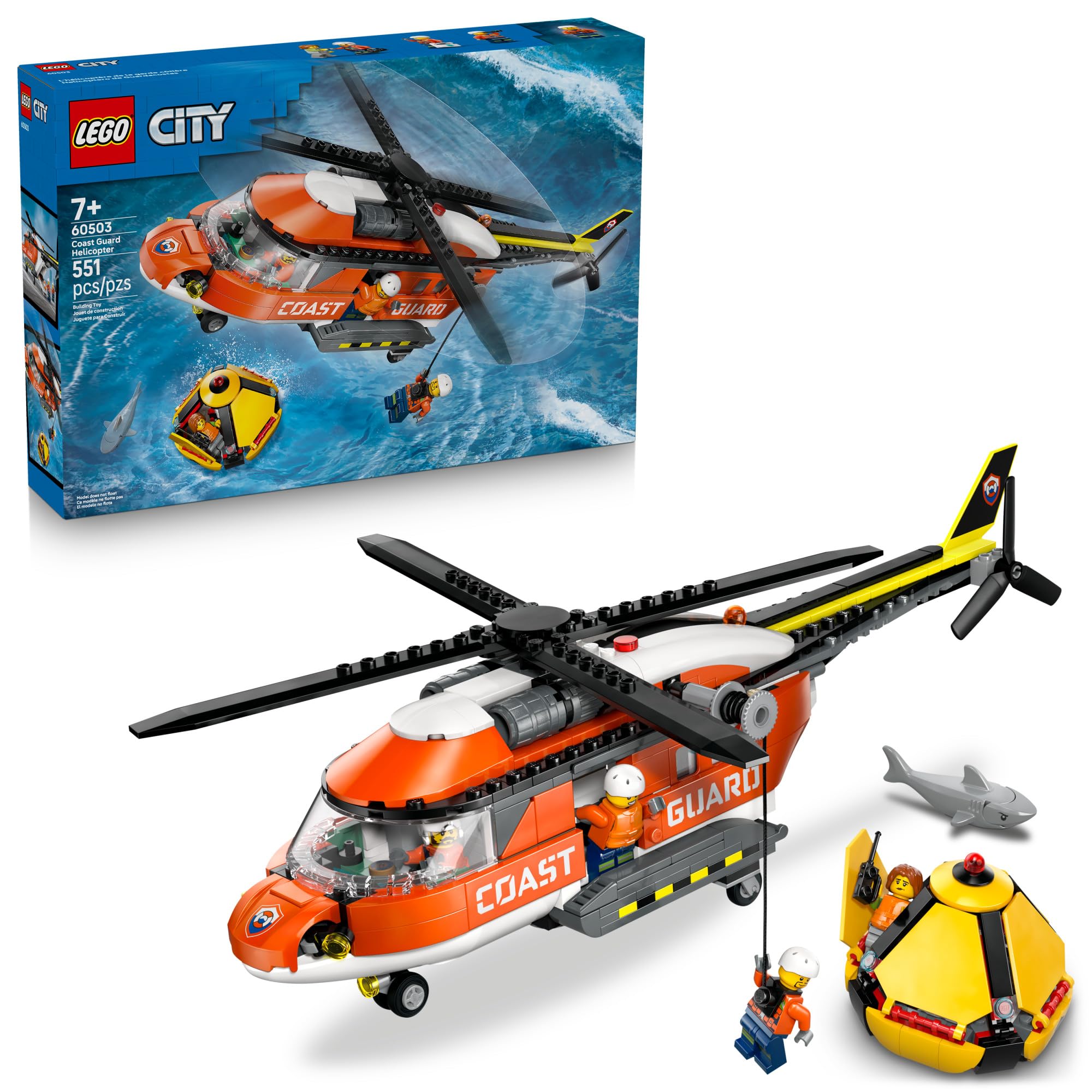 LEGO City Coast Guard Helicopter Building Toy for Kids - Pretend Play Emergency Response Set for Boys & Girls, Ages 7+ - Includes 4 Minifigures, Shark, & Rescue Pod - Gift Idea for Birthdays - 60503