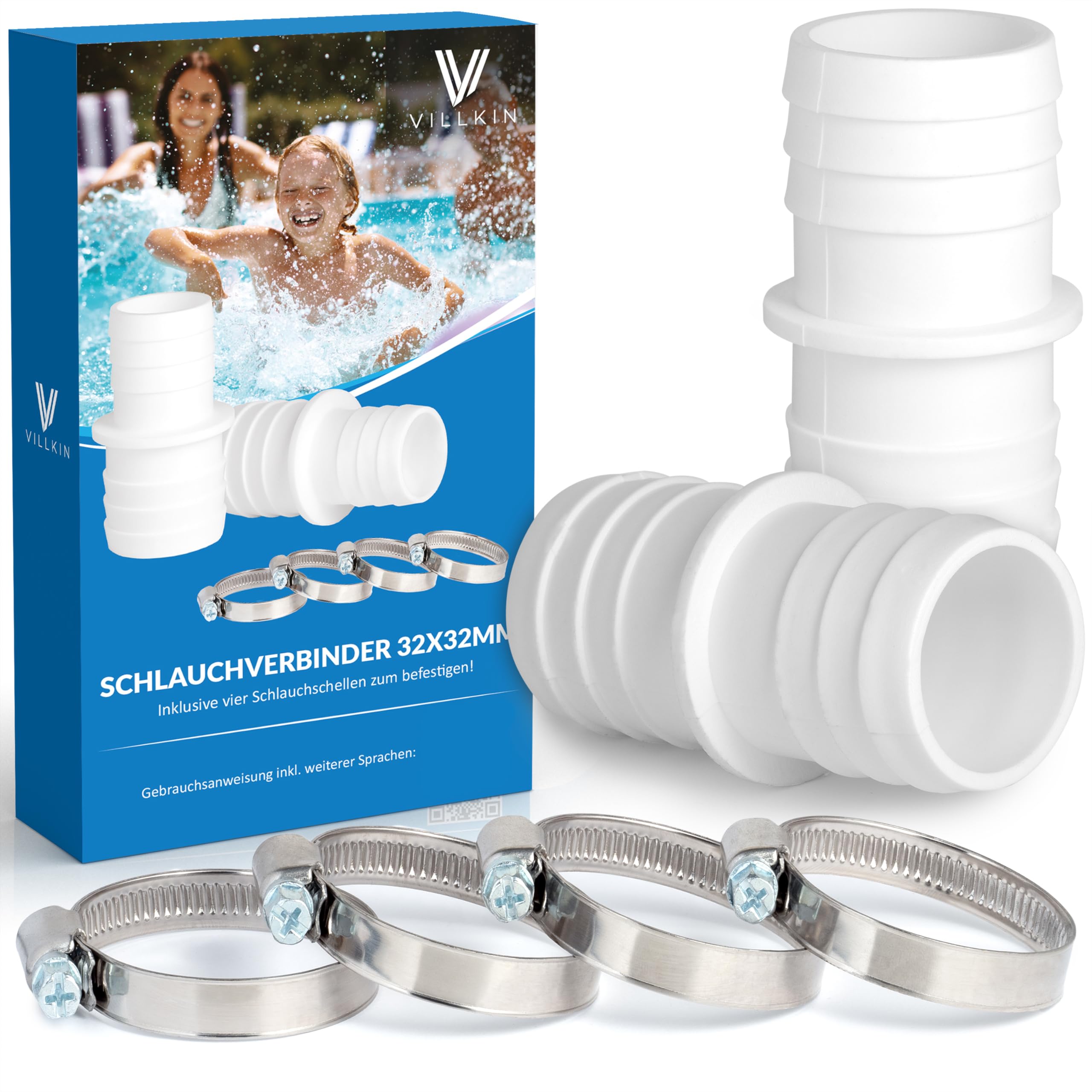 Villkin 2 x hose connectors with 4 x hose clamps for the pool, hose nozzle, pack of 2 (32 mm x 32 mm, white)