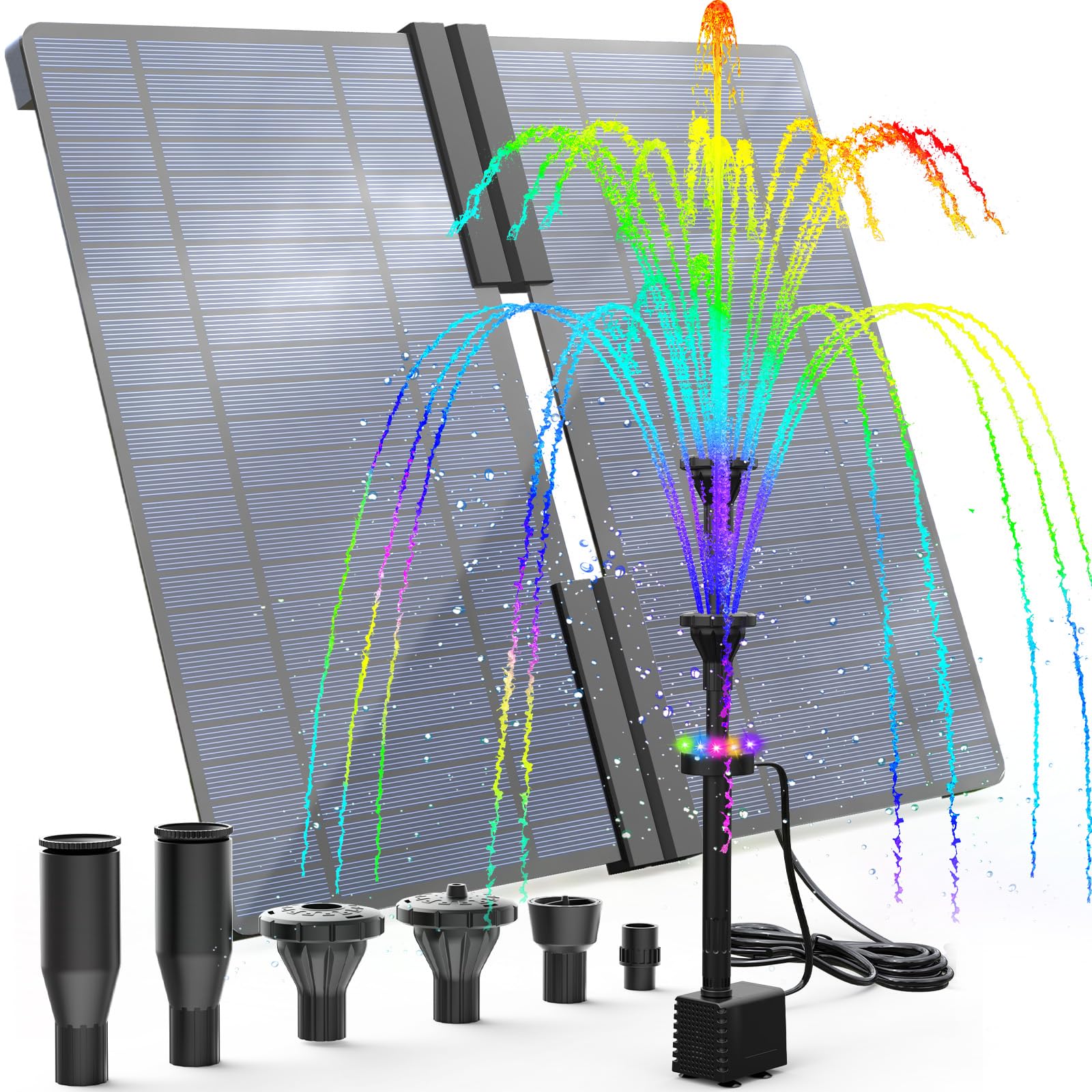 Photo 1 of AMZtime 20W Solar Fountain Pump Built-in 2500mAh Battery with 12 LED Lights, DIY Solar Water Fountain 2025, Solar Powered Pond Pump, Long Cord Length for Pool, Pond, Garden, Fish Pond, Small Waterfall