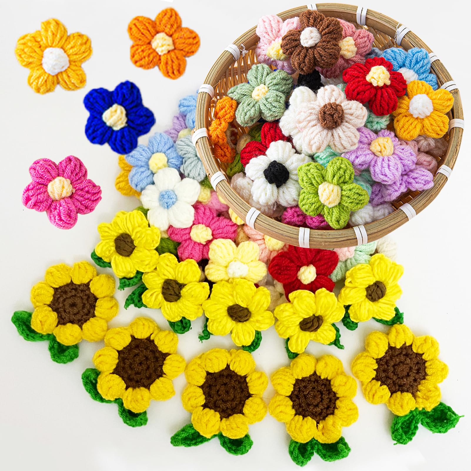 Photo 1 of YUNBIAOSEN 40Pcs Flower Sew on Patches Crochet Puff Flowers Sunflower Knitted Flowers for Crafts Accessorry, Clothing, Headband, Hats, GiftPackage, Card, Flower Garland