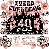 40th Birthday Decorations for Women,52Pcs PRE-STRUNG Rose Gold Black Party Set-40 Years Old Crown and Sash,Banner,Hanging Swirl,Backdrop Decor,CakeTopper,Age Candle, Balloons, Paper Fans,PRE-ASSEMBLED