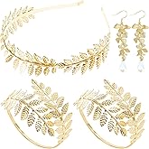 5 Pieces Greek Goddess Costume Accessories Set, 1 Piece Golden Leaf Crown Headband, 2 Pieces Coil Upper Armband Bracelet, 2 Pieces Dangle Earrings, Bridal Wedding Headpiece Toga Costume