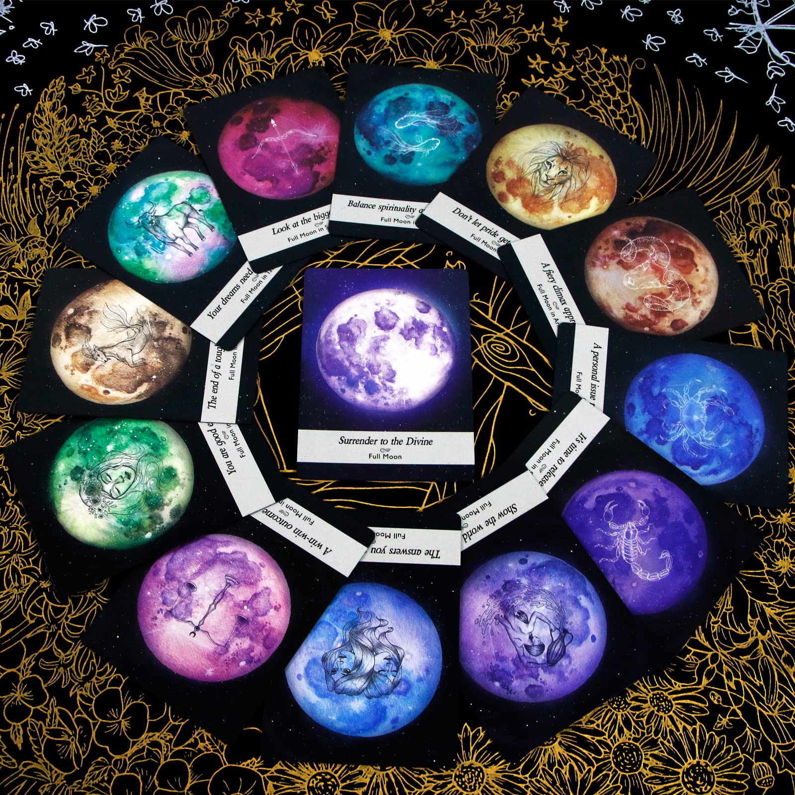 Atesswy Moonology Oracle Cards in A Tin, A 44-Card Deck Gilded Black (Limited Edition), 400 GSM Black Core Cardstock