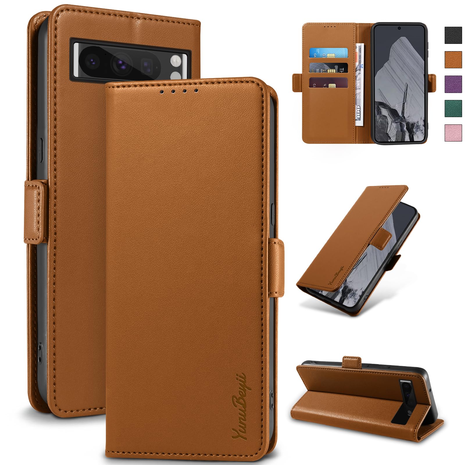 Yunubeyii Wallet Flip Case for Google Pixel 8 Pro - [RFID Blocking] Luxury PU Leather Card Holder Magnetic Phone Cover with Kickstand,Shockproof Protective Case,Brown