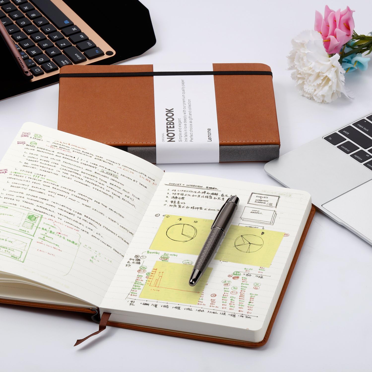 Thick Classic Notebook with Pen Loop - Lemome A5 Wide Ruled Hardcover Writing Notebook with Pocket + Page Dividers Gifts, Banded, Large, 180 Pages, 8.4 x 5.7 in: Office Products
