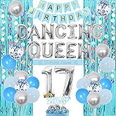 Wonmelody 37PCS Dancing Queen 17th Birthday Decor for Girl Dancing Queen 17 Balloons Blue 17th Birthday Disco Decor Happy Birthday Banner Cake Toppers Dancing Queen Sash Fringe Curtains for 17th Girl