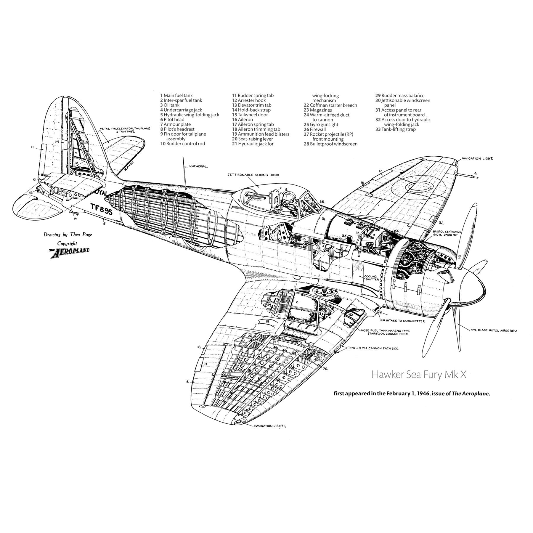 Artery8 Page Hawker Sea Fury Mark X Airplane Cutaway Large Wall Art Poster Print Thick Paper 18X24 Inch