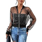 WDIRARA Women's Zip Up Glitter Mesh Bomber Jacket Drop Shoulder Long Sleeve Coats