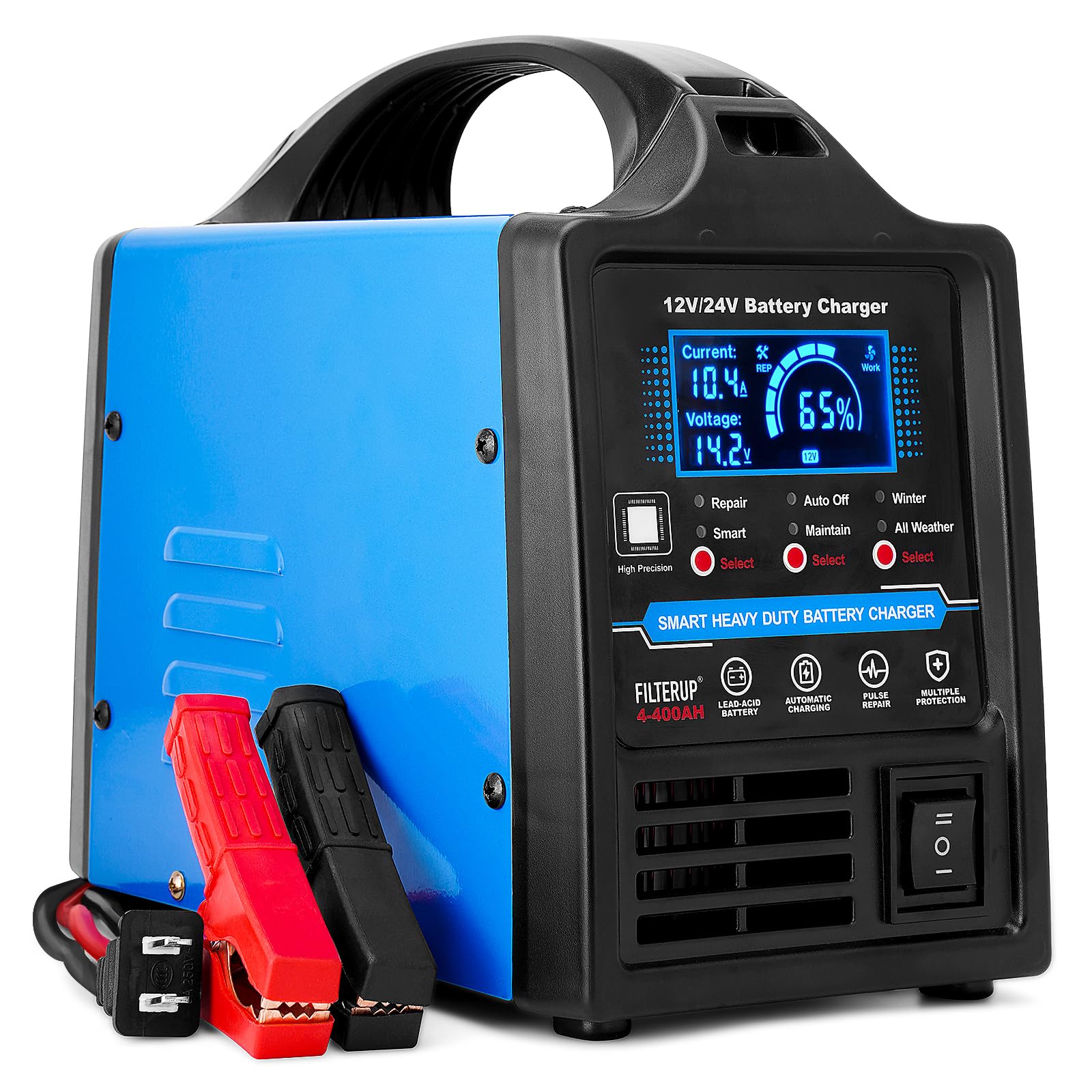 Photo 1 of 12V 24V Lead-Acid Battery Charger Heavy Duty, 0-15A Smart Automatic Battery Maintainer, Trickle Charger with Repair, Auto Off, Winter & Summer Mode, for Car Truck Boat Motorcycle RV Lawn Mower (Blue)