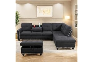 L Shaped Sectional Couches, Modular Sectional Sofa with Ottoman Storage, Nail-Head Design Lounge Sofa with Reversible Cup Hol