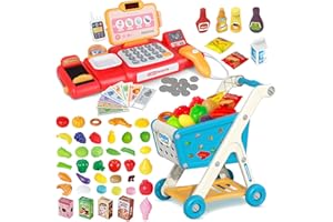 Yalujumb Kids Shopping Cart Trolley Play Set and Pretend Play Calculator Cash Register Toy with Pretend Food and Accessories,Perfect for Ages 3+ Pretend Play and Role-Playing Games